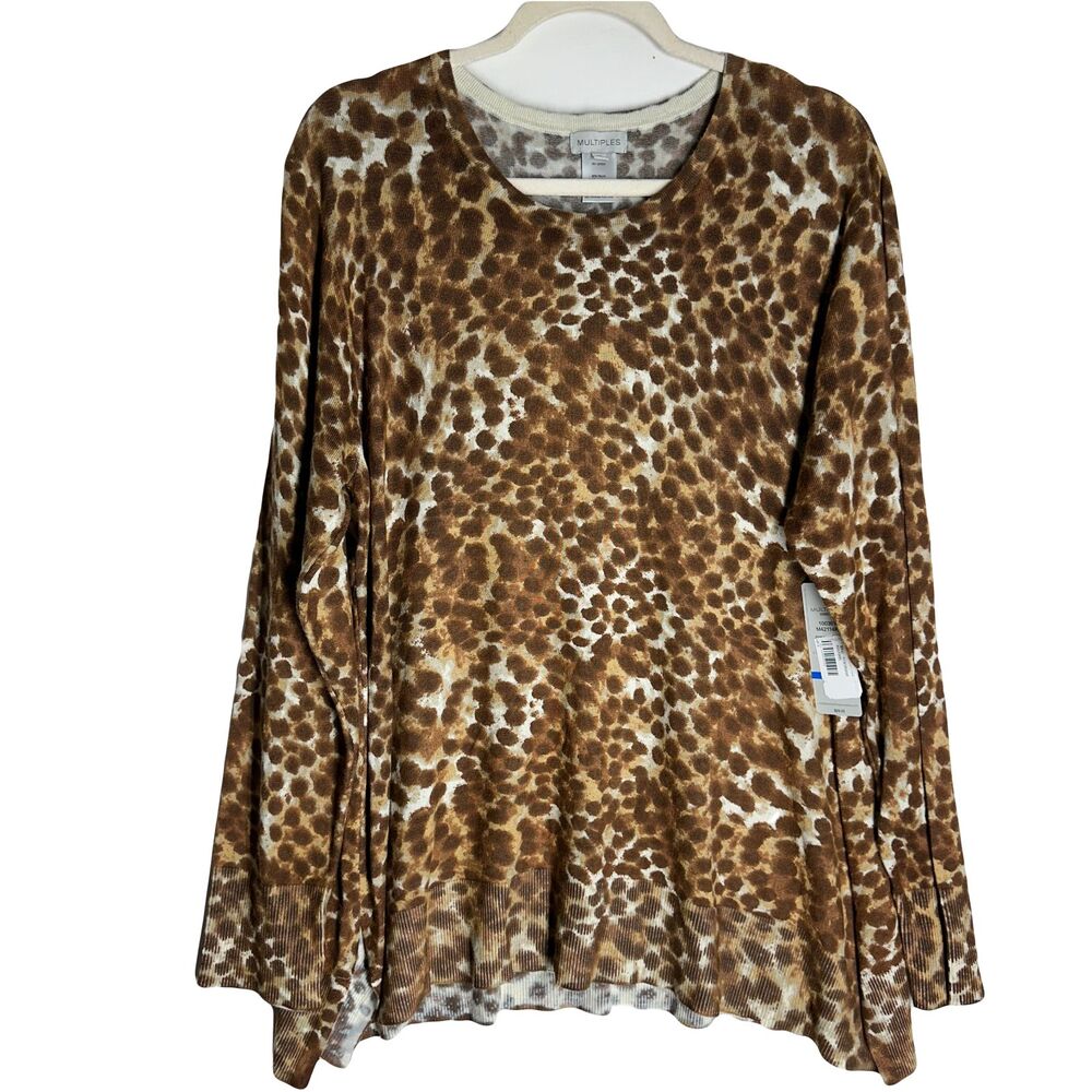 NWT MULTIPLES Womens Pullover Tunic Size PXL Brown Leopard Print Soft Knit Top